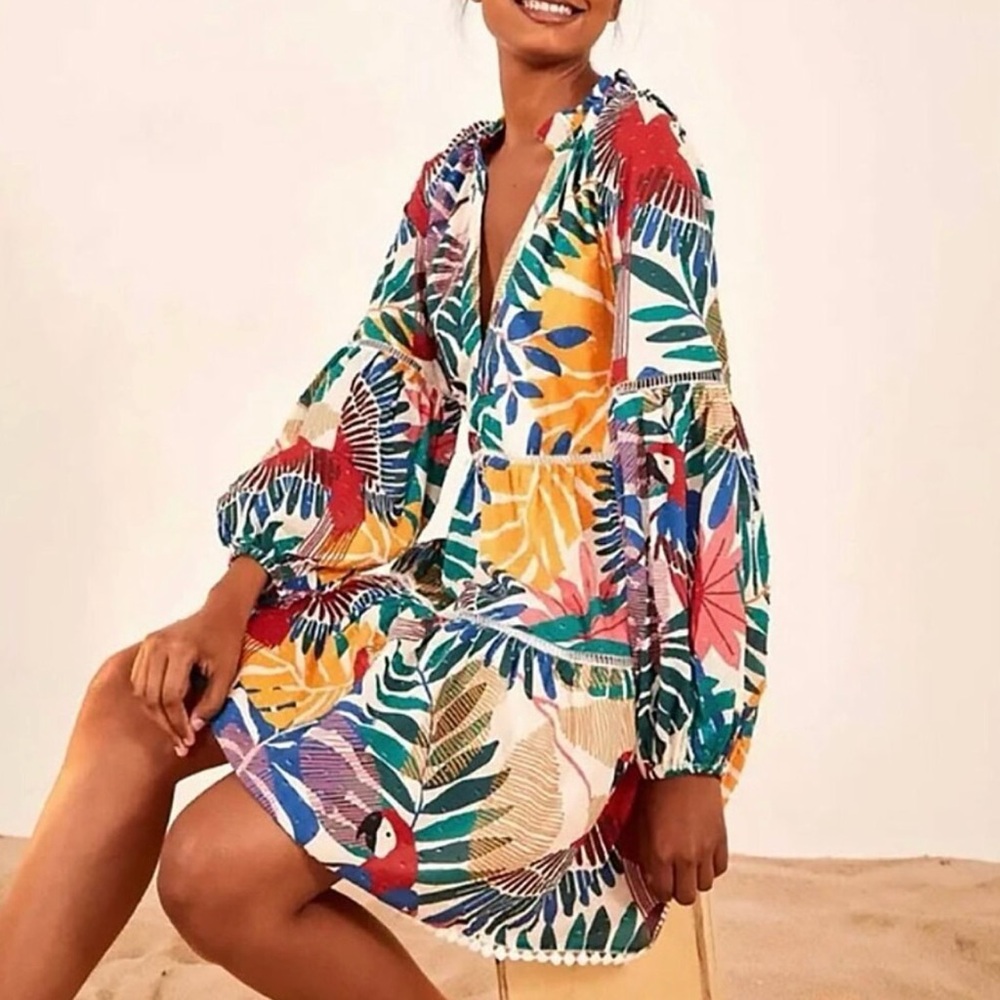EUC Farm Rio Off White Macaw Mini Dress Size XS
